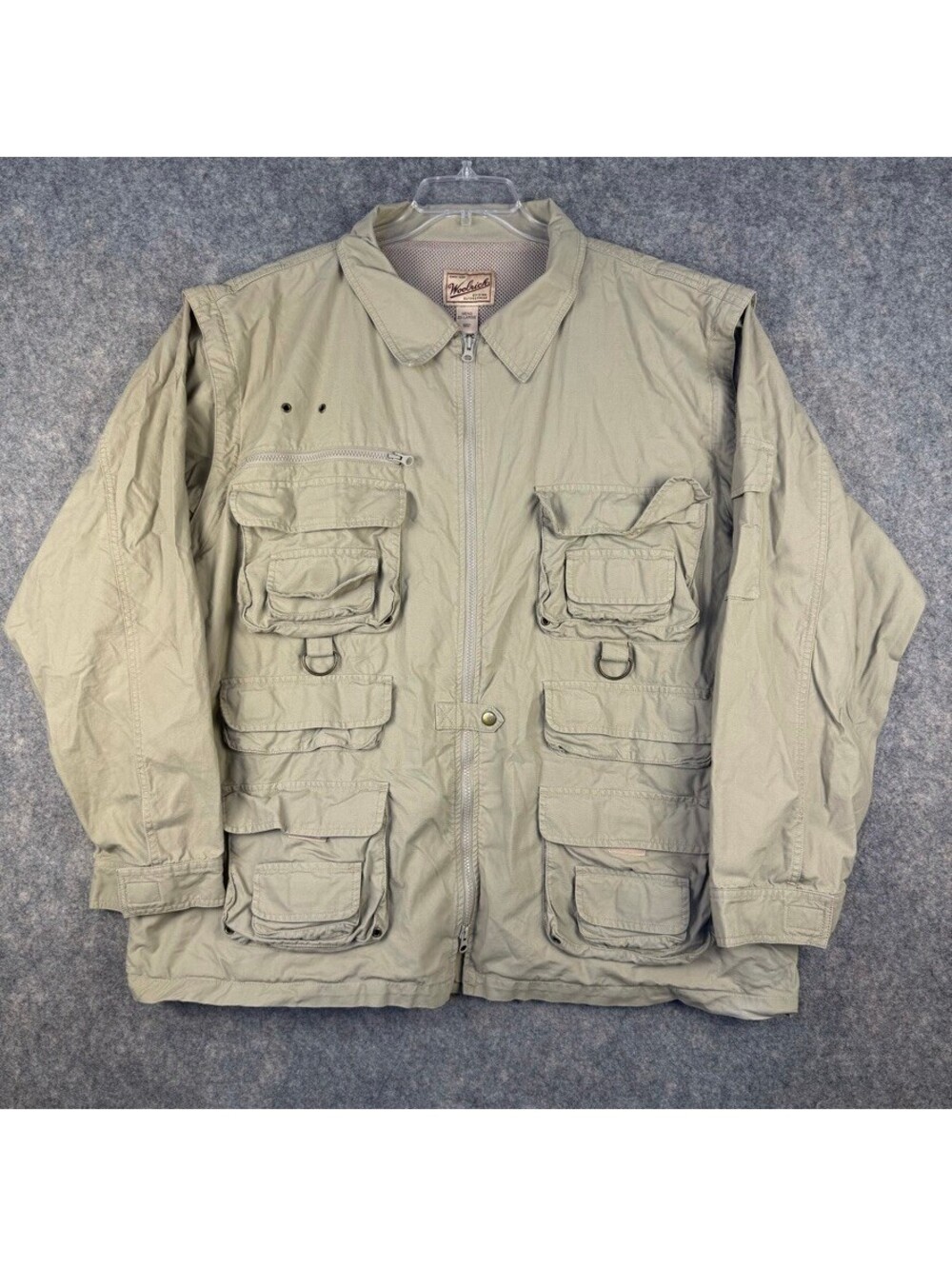 Vintage Woolrich Utility Jacket Mens 2XL Beige Safari Vest Zip Off Sleeves 374